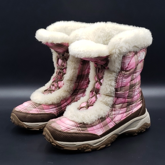 The North Face Nuptse Goose Down and Fur Winter Boots-Pink Plaid Girls Size 5 - Picture 2 of 12